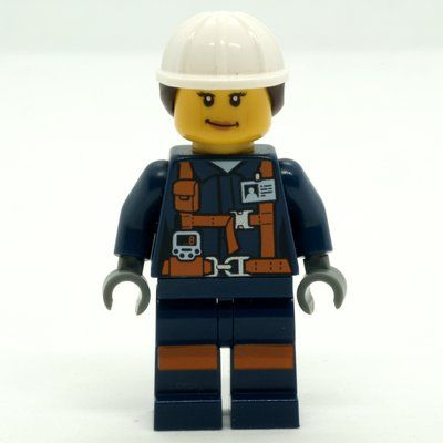 Figurine Miner, Woman, Dark Blue Jacket with Straps and ID Badge, White Hard Hat with Hair du set 60188