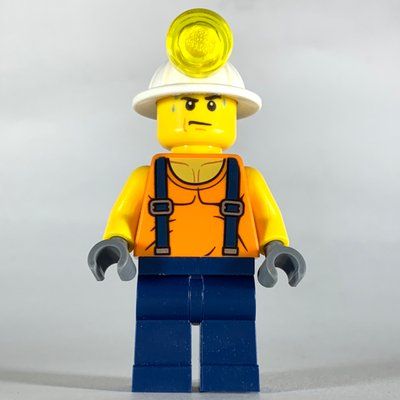 Figurine Miner, Orange Vest with Suspenders, Mining Hat, Sweat Drops du set 60184