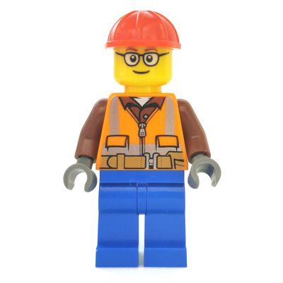 Minifigure Construction Worker, Orange Safety Vest with Zipper over Reddish Brown Shirt, Blue Legs, Red Hard Hat, Glasses del set 60252