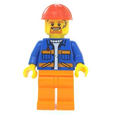 Minifigure Construction Worker, Blue Jacket with Orange Stripes, Orange Legs, Red Hard Hat, Goatee Beard and Dirty del set 60252