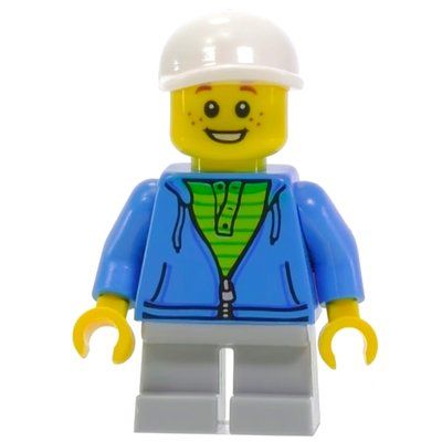 Minifigur Kid, Dark Azure Torso, Light Bluish Grey Legs, White Cap aus Set 21310