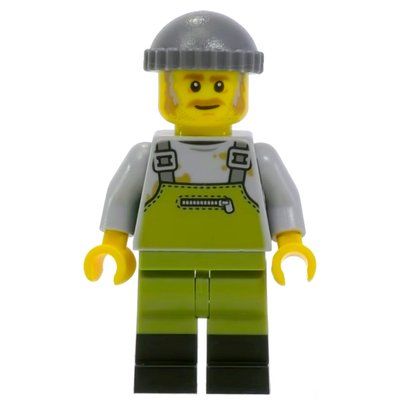 Minifigur Light Bluish Grey Torso, Olive Green Overall. Dark Bluish Grey Cap aus Set 21310