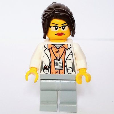 Minifiguur White Torso Lab Coat, Light Bluish Grey Legs, Dark Brown Hair uit set 21110
