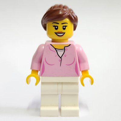 Minifigure Bright Pink Torso, White Legs, Reddish Brown Hair from set 40347