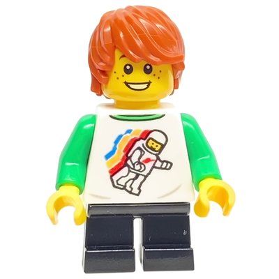 Minifigura Boy, White Torso, Black Legs, Dark Orange Hair del set 40393