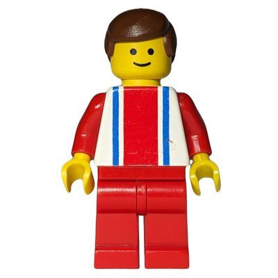 Minifigur Man, White Top with Large Red Stripe and 2 Blue Stripes, Red Legs, Brown Hair (3626b Head) aus Set 4153