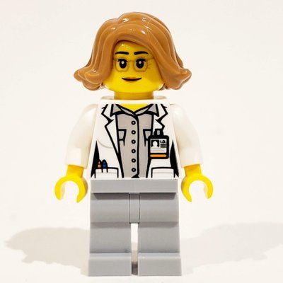Minifigura Scientist - White Torso, Labcoat, Light Bluish grey Legs, Medium Nougat Hair del set 60228