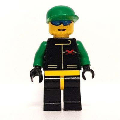 Minifigure Racer, Extreme Team, Black Jacket, Black Legs, Green Cap, Blue Sunglasses from set 6572