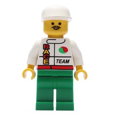 Minifigurka Racer, White Jacket with Octan Logo and 'RACE' and 'TEAM', Green Legs, White Cap, Moustache z zestawu 6568