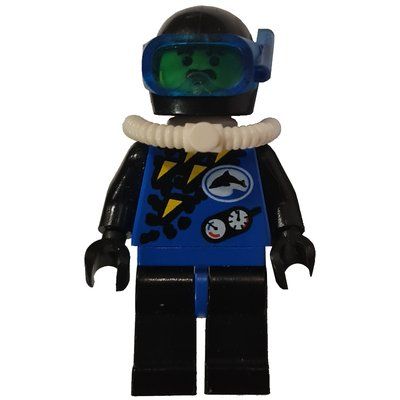 Minifigurka Diver, Man, Blue Wetsuit, Black Helmet with Mask, Airtank, Moustache z zestawu 6558