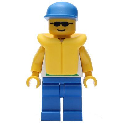 Minifigurka Marine Explorer, White Shirt with Fish, Blue Cap, Yellow Life Vest, Sunglasses z zestawu 6558