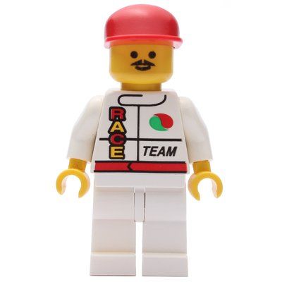 Minifigure Racer, White Jacket with Octan Logo and 'RACE' and 'TEAM', Red Cap, Moustache from set 1821
