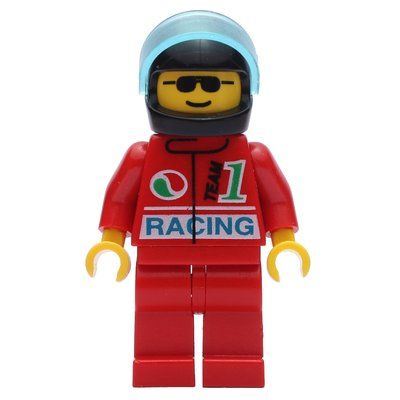 Minifigure Racer, Red Jacket with Octan Logo and 'RACING', Red Legs, Black Helmet with Visor, Sunglasses from set 1821
