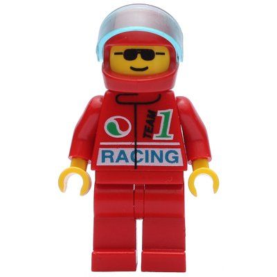 Minifigurka Racer, Red Jacket with Octan Logo and 'RACING', Red Legs, Red Helmet with Visor, Sunglasses z zestawu 6484