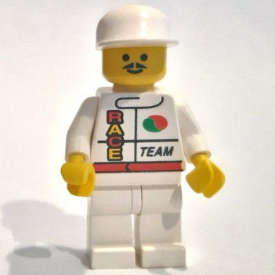Minifigure Racer, White Jacket with Octan Logo and 'RACE' and 'TEAM', White Legs, White Cap, Moustache from set 6335