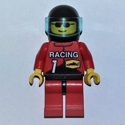 Minifiguur Racer, Red Jacket with 'RACING' and '1', Black Helmet with Visor, Sunglasses uit set 2554