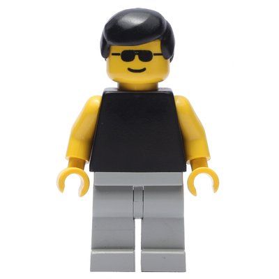 Minifigurka Man, Black Torso with Yellow Arms, Light Gray Legs, Black Hair, Sunglasses z zestawu 2140