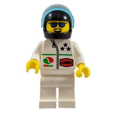 Figurine Racer, White Jacket with Zipper and Octan Logo, Black Helmet with Visor, Blue Sunglasses and Moustache du set 6467