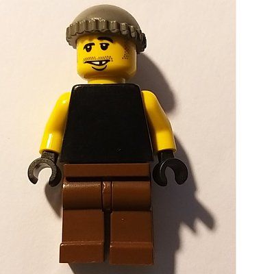 Minifigure Man, Black Tank Top with Yellow Arms, Brown Legs, Dark Gray Hat from set 7045