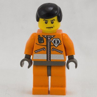 Minifigurka Coast Guard, Orange Jumpsuit with Zipper, Radio, and Badge, Black Hair z zestawu 7047