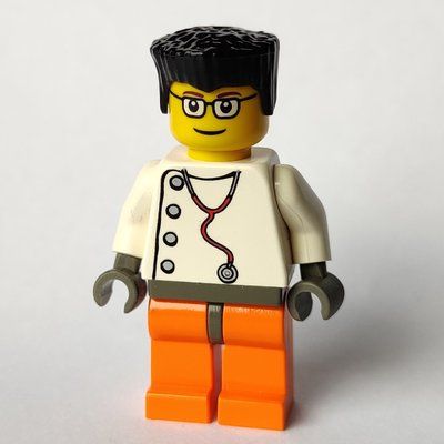 Minifigurka Doctor, White Shirt with Stethoscope and Side Buttons, Black Hair, Glasses z zestawu 7047
