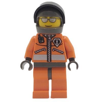 Minifigure Coast Guard, Orange Jumpsuit with Zipper, Radio, and Badge, Dark Bluish Gray Hands, Dark Bluish Gray Helmet with Visor, Silver Sunglasses del set 7044