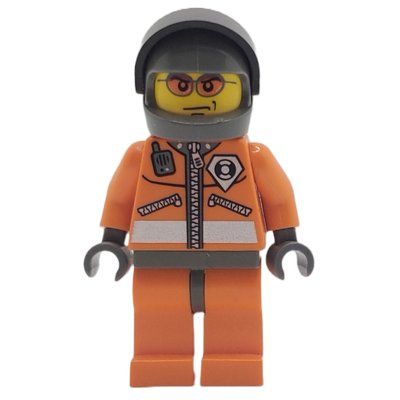 Minifigure Coast Guard, Orange Jumpsuit with Zipper, Radio, and Badge, Dark Bluish Gray Hands, Dark Bluish Gray Helmet with Visor, Orange Sunglasses del set 7044