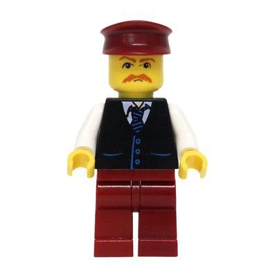 Minifigure Man, Black Vest over White Shirt with Tie, Dark Red Legs, Dark Red Hat, Moustache del set 10184
