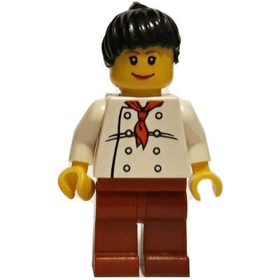 Minifigure Chef, Woman, Red Neckerchief, Dark Red Legs, Black Hair del set 10184
