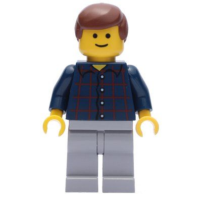 Minifigure Man, Dark Blue Plaid Shirt, Light Bluish Gray Legs, Reddish Brown Hair del set 10184