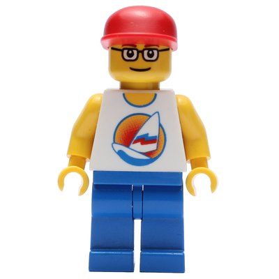 Minifigure Man, White Tank Top with Windsurfer, Blue Legs, Red Cap, Glasses del set 10184