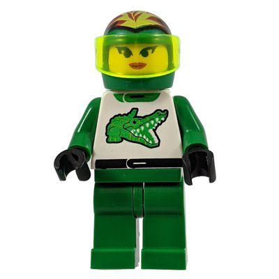Figurine Racer, Woman, Green and White Outfit with Crocodile, Green Helmet with Flames and Visor du set 6713
