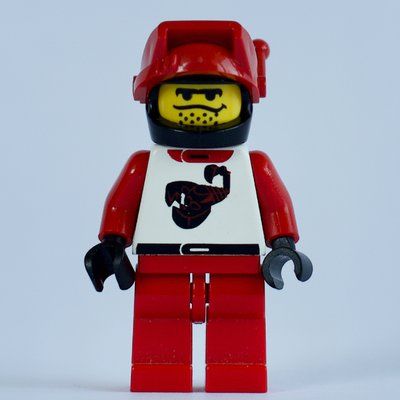 Figurine Racer, Red and White Outfit with Scorpion, Black Helmet with Visor with Antenna du set 6713