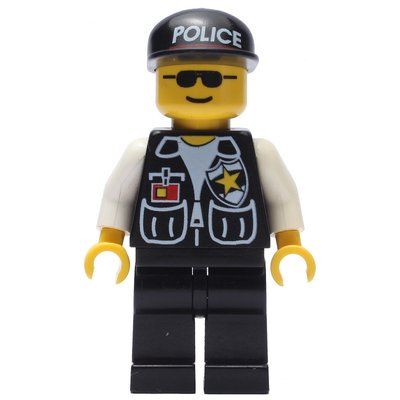 Figurine Policeman, Black Vest with Badge and Pockets, Black Cap with 'POLICE', Sunglasses du set 6549