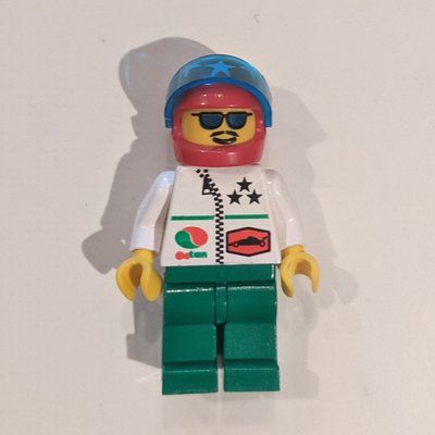 Minifigure Racer, White Jacket with Zipper, Red Helmet with Stars and Visor, Blue Sunglasses del set 6468