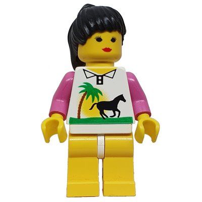 Minifiguur Woman, White Shirt with Palm Tree and Horse, Yellow Legs, Black Hair uit set 6418