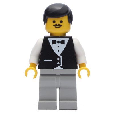 Minifigure Waiter, Black Vest over White Shirt with Bow Tie, Light Gray Legs, Black Hair, Moustache from set 6404