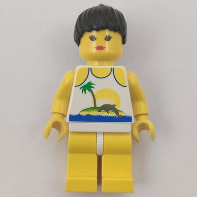 Figurine Woman, White Swimsuit with Desert Island and Dolphin, Black Hair du set 6414