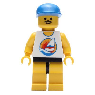 Minifigure Man, White Tank Top with Windsurfer, Yellow Legs, Blue Cap, Moustache from set 1815