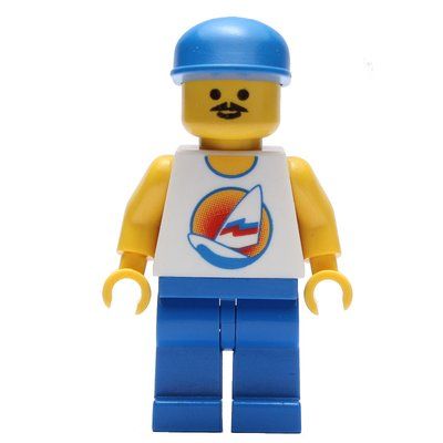 Minifiguur Man, White Tank Top with Windsurfer, Blue Legs, Blue Cap, Moustache uit set 6418
