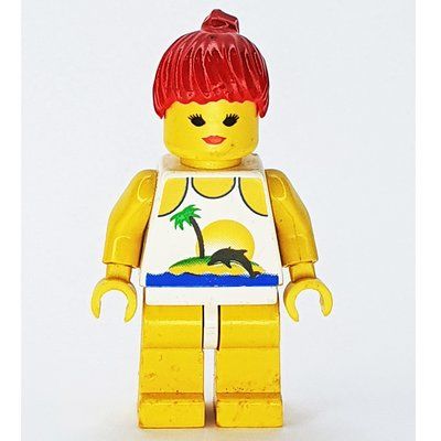 Minifigure Woman, White Swimsuit with Desert Island and Dolphin, Red Hair from set 6547