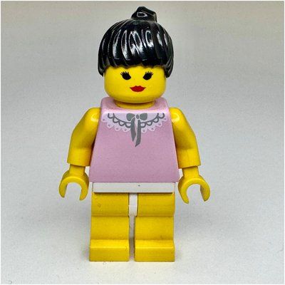 Minifigure Woman, Pink Top with Lace Collar, Yellow Legs, Black Hair from set 6547
