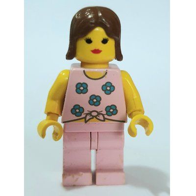 Minifigure Woman, Tied Pink Tank Top with Flowers, Pink Legs, Brown Hair from set 6547