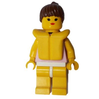 Figurine Woman, Pink Swimsuit with Lace Collar, Yellow Life Vest, Brown Hair du set 6489