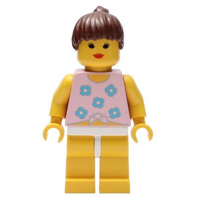 Minifiguur Woman, Tied Pink Tank Top with Flowers, Yellow Legs, Brown Hair uit set 6418