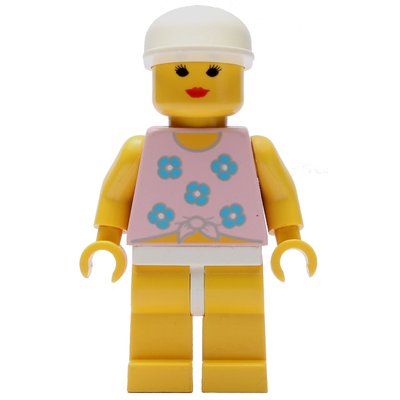 Figurine Woman, Tied Pink Tank Top with Flowers, Yellow Legs, White Cap du set 6414
