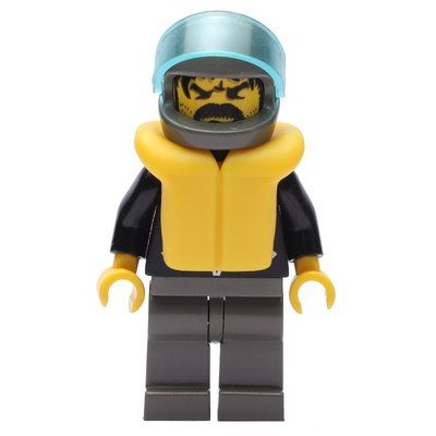 Figurine Man, Open Black Jacket over Red Shirt, Light Gray Legs, Helmet and Visor, Yellow Life Vest du set 2769