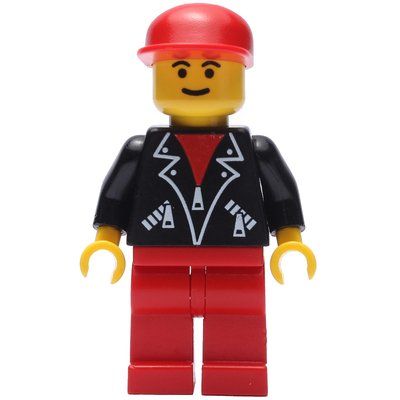 Minifigura Man, Open Black Jacket over Red Shirt, Red Legs, Red Cap del set 6563