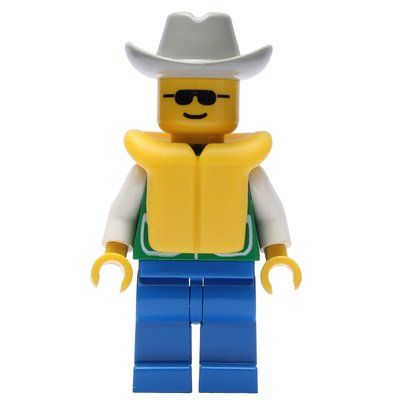 Minifigura Man, Green Jacket, Blue Legs, Light Gray Cowboy Hat, Yellow Life Vest, Sunglasses del set 6563