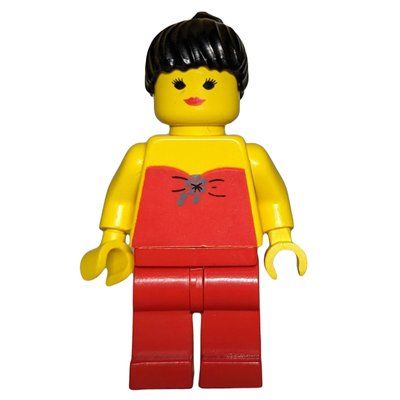 Minifigurka Woman, Red Halter Top, Red Legs, Black Ponytail Hair z zestawu 10036